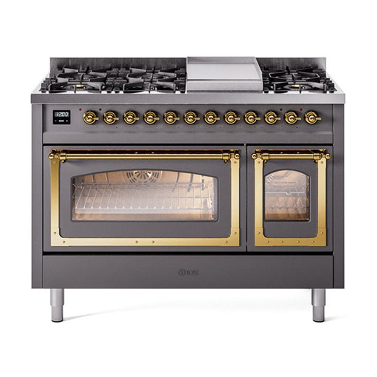 Ilve UN48FNMPMGGLP Ilve Un48Fnmpmgglp Nostalgie Ii Noblesse 48" Dual Fuel Range (8 Sealed Burners + Griddle, Liquid Propane, Triple Glass Door, Graphite Matte, Brass)