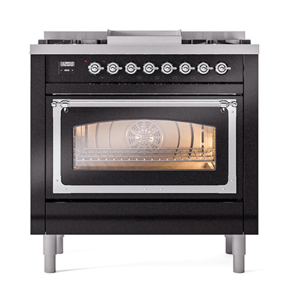Ilve UN36FNMPBKC Ilve Un36Fnmpbkc Nostalgie Ii Noblesse 36" Dual Fuel Range (Natural Gas, Triple Glass Door, Glossy Black, Chrome)