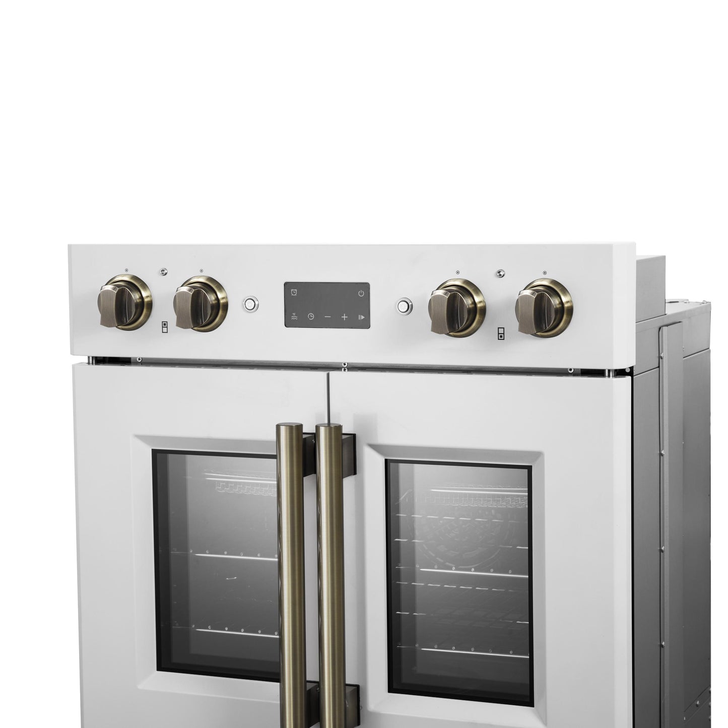 Forno FBOEL134030WHT Forno Asti 30-Inch Double Electric Wall Oven With Upper French Doors In White & Antique Brass, 7.36 Cu. Ft. Dual True Convection, 7,200W, Air Fry, Sous Vide, Self-Clean