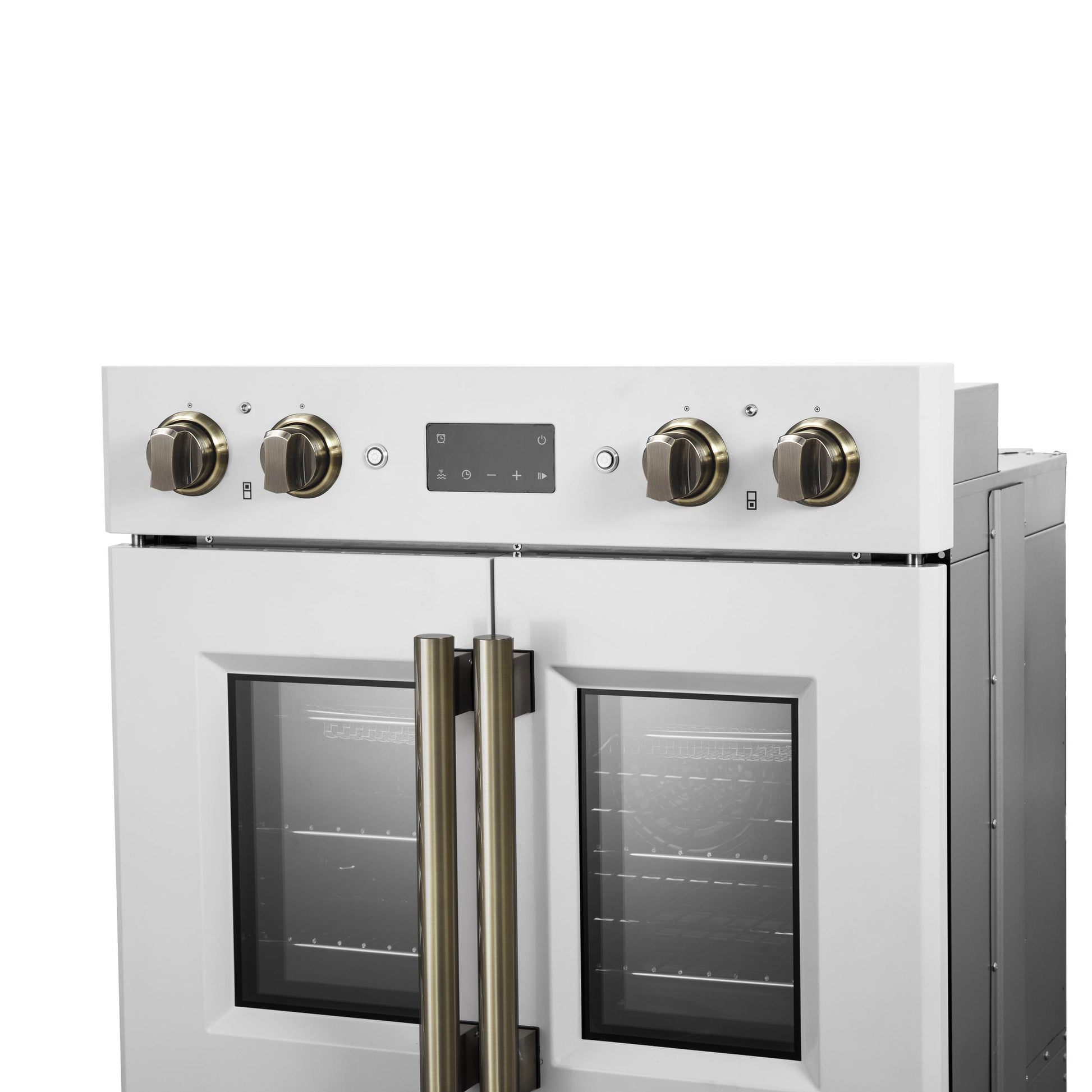 Forno FBOEL134030WHT Forno Asti 30-Inch Double Electric Wall Oven With Upper French Doors In White & Antique Brass, 7.36 Cu. Ft. Dual True Convection, 7,200W, Air Fry, Sous Vide, Self-Clean