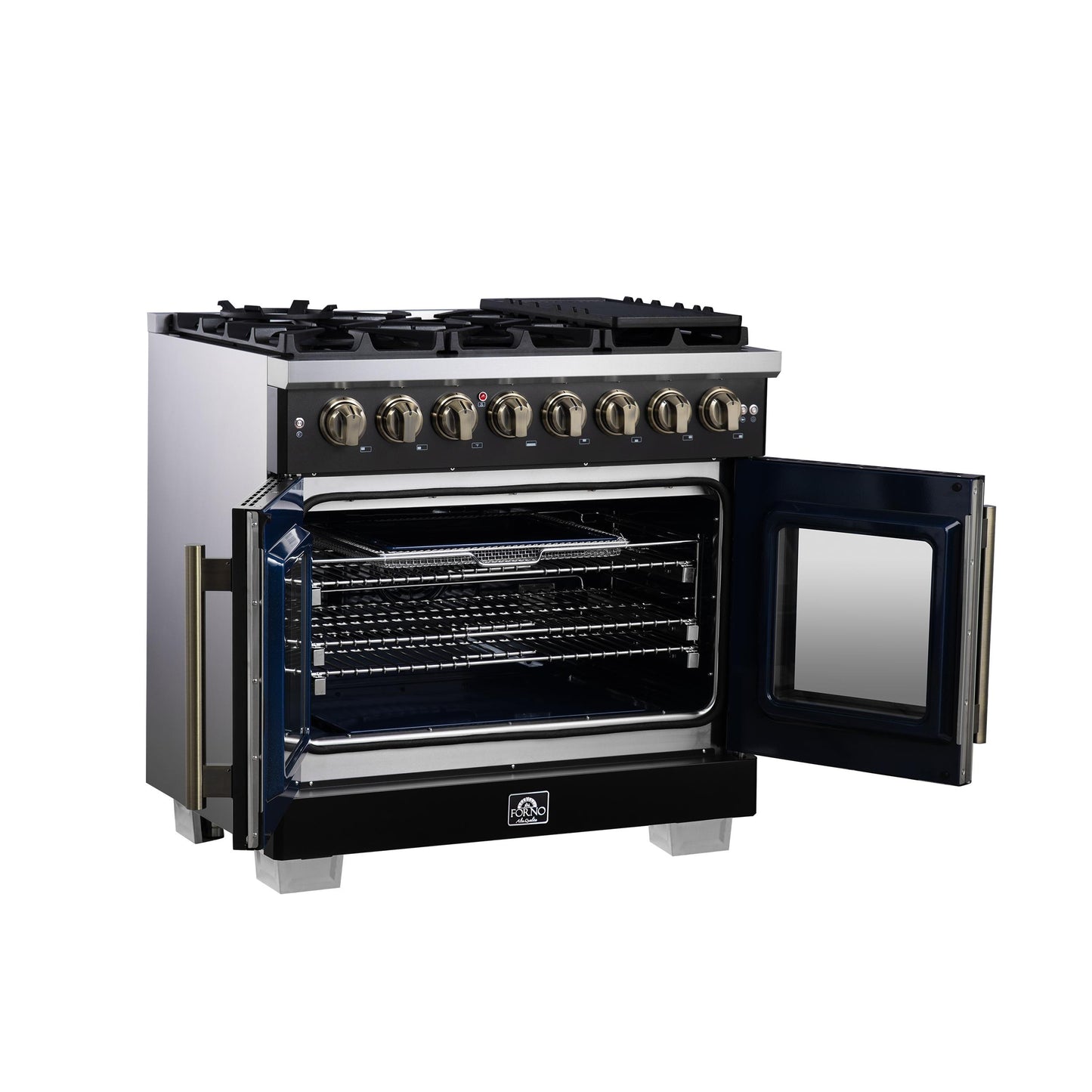 Forno FFSGS638736BLK Forno Capriasca 36 Inch Freestanding French Door Dual Fuel Range In Black With Antique Brass Accessories, 6 Burners, True Convection Oven