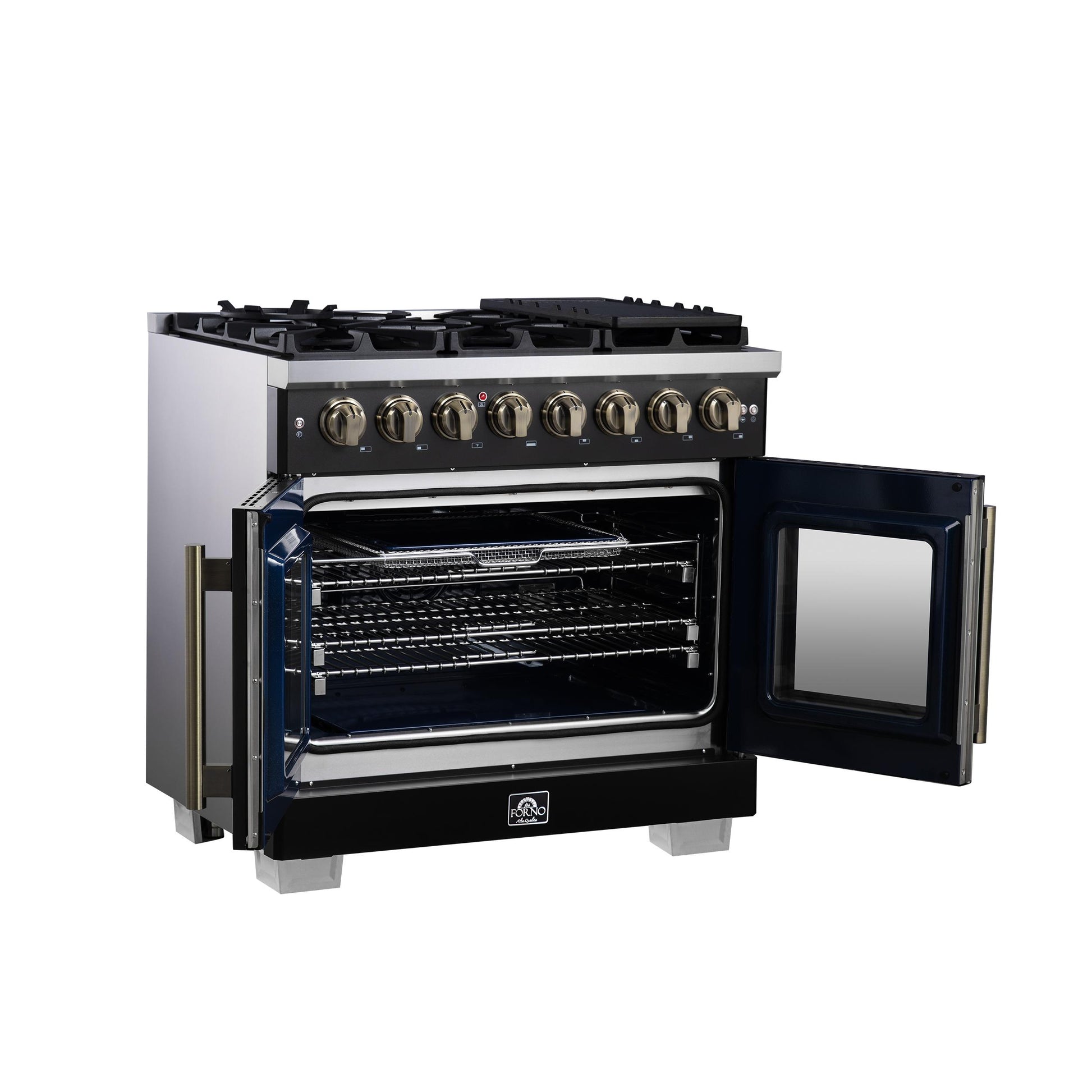 Forno FFSGS638736BLK Forno Capriasca 36 Inch Freestanding French Door Dual Fuel Range In Black With Antique Brass Accessories, 6 Burners, True Convection Oven