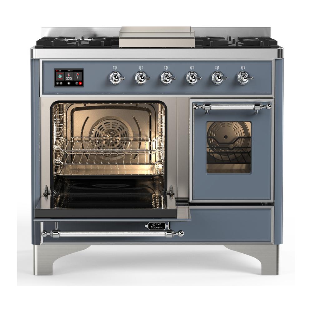 Ilve UMD40FNR3BGC Ilve Umd40Fnr3Bgc Majestic Iii 40 Inch Dual Fuel Range With 6 Burners And Griddle, Dual Function Burner Up To 25,000 Btu (Natural Gas, Triple Glass Door, Blue Grey, Chrome)