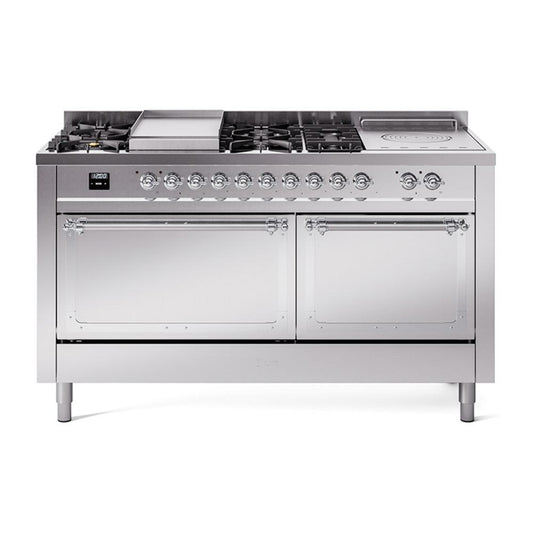 Ilve UN60FSQNMPSSCLP Ilve Un60Fsqnmpssclp Nostalgie Ii Noblesse 60" Dual Fuel Range (7 Sealed Burners + Griddle + French Top, Liquid Propane, Solid Door, Stainless Steel, Chrome)