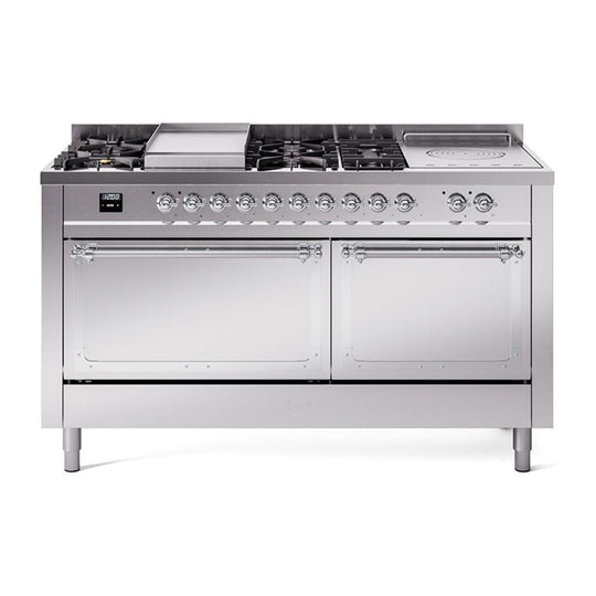 Ilve UN60FSQNMPSSCLP Ilve Un60Fsqnmpssclp Nostalgie Ii Noblesse 60" Dual Fuel Range (7 Sealed Burners + Griddle + French Top, Liquid Propane, Solid Door, Stainless Steel, Chrome)
