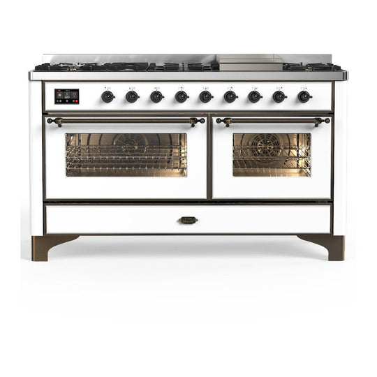 Ilve UM60FNR3WHBLP Ilve Um60Fnr3Whblp Majestic Iii 60 Inch Dual Fuel Range With 9 Burners And Griddle, Dual Function Burner Up To 25,000 Btu (Liquid Propane, Triple Glass Door, White, Burnished)