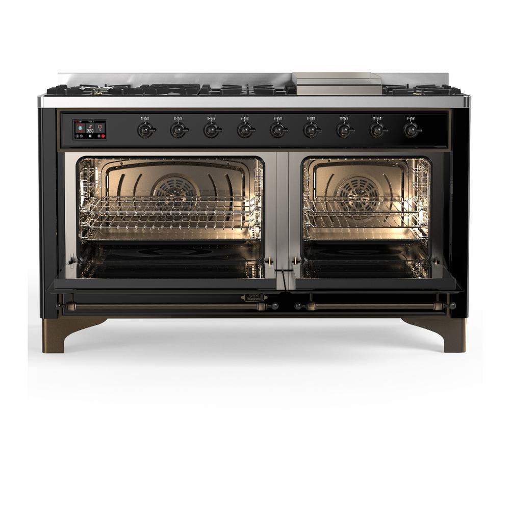 Ilve UM60FNR3BKB Ilve Um60Fnr3Bkb Majestic Iii 60 Inch Dual Fuel Range With 9 Burners And Griddle, Dual Function Burner Up To 25,000 Btu (Natural Gas, Triple Glass Door, Glossy Black, Burnished)