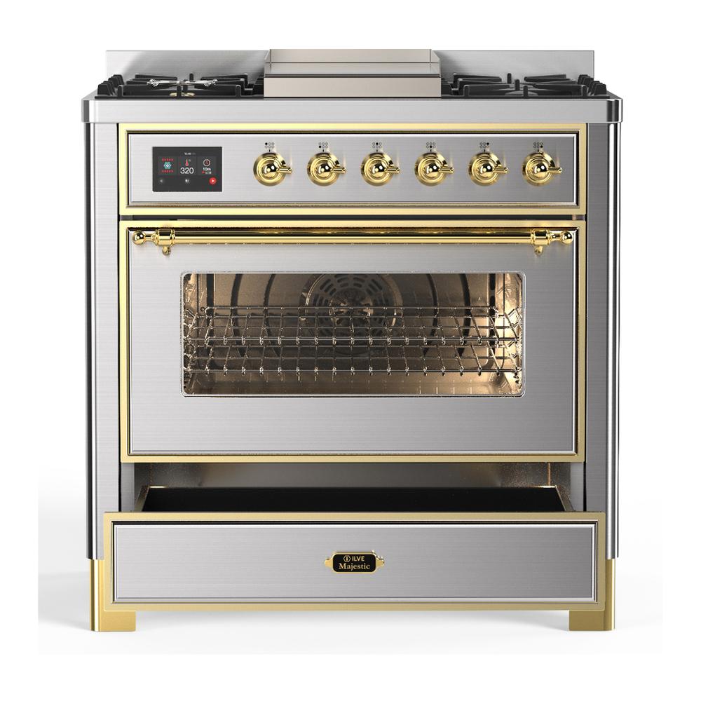 Ilve UM36FNR3SSG Ilve Um36Fnr3Ssg Majestic Iii 36 Inch Dual Fuel Range With 6 Black Brass Burners And Griddle, Dual Function Burner Up To 25,000 Btu (Triple Glass Door, Stainless Steel, Brass, Natural Gas)