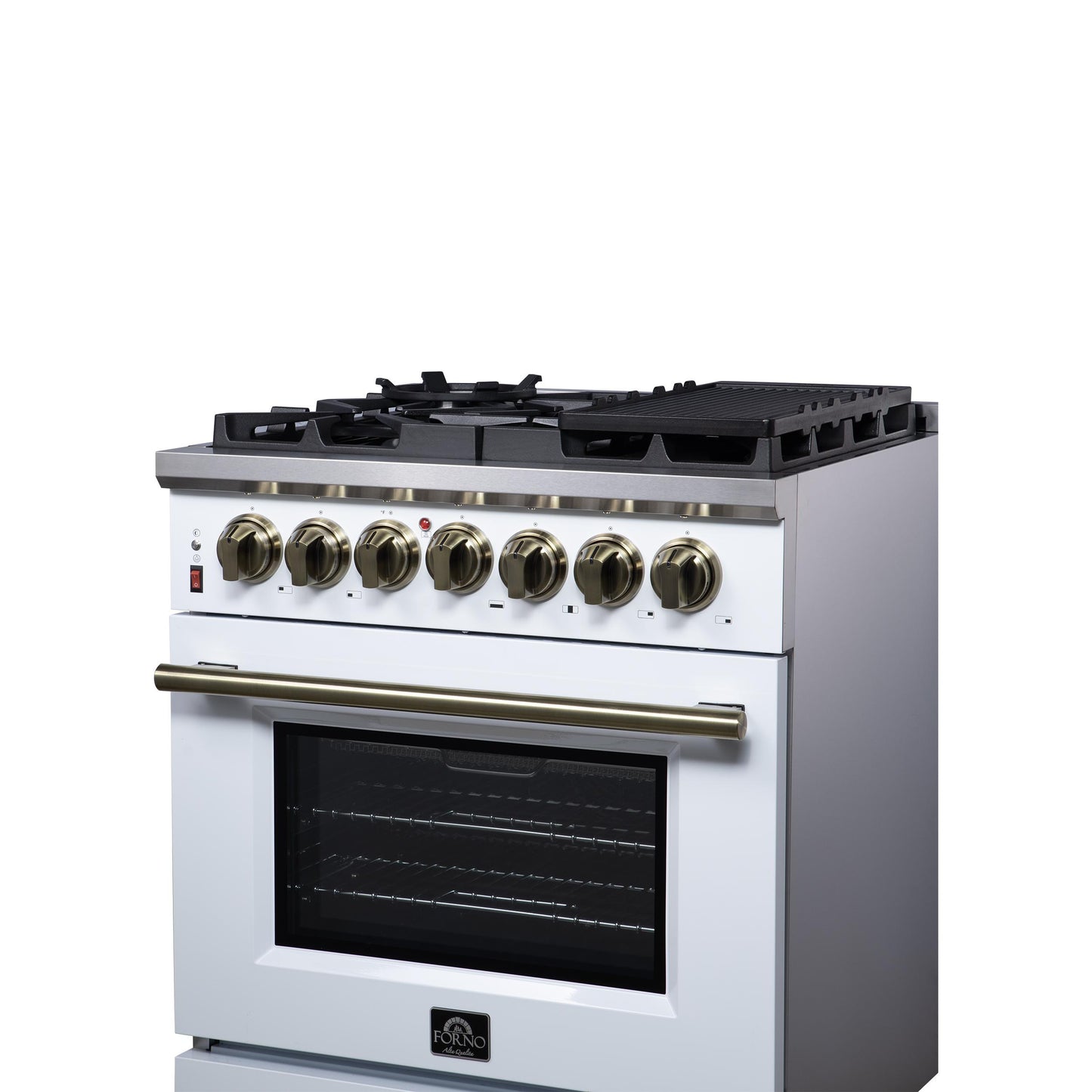 Forno FFSGS612530WHT Forno Massimo 30-Inch Freestanding Dual Fuel Range In White With Antique Brass Accessories, 4 Burners, 4.32 Cu. Ft. Convection Oven
