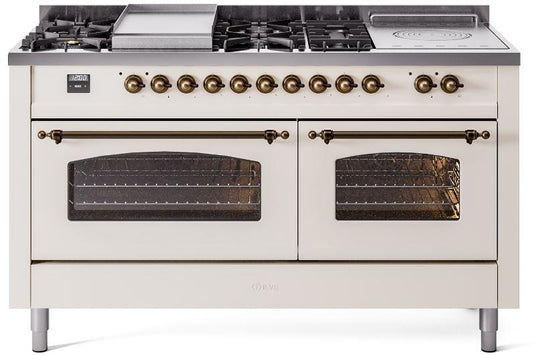 Ilve UP60FSNMPAWBLP Nostalgie Ii 60 Inch Dual Fuel Liquid Propane Freestanding Range In Antique White With Bronze Trim