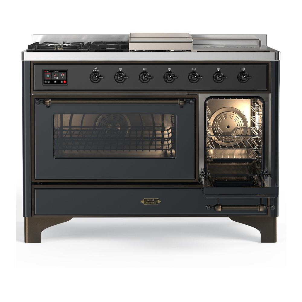 Ilve UM48FSNR3MGBLP Ilve Um48Fsnr3Mgblp Majestic Iii 48 Inch Dual Fuel Range With 5 Black Brass Burners, Griddle And French Top, Dual Function Burner Up To 25,000 Btu (Liquid Propane, Triple Glass Door, Graphite Matte, Burnished)