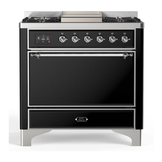 Ilve UM36FQNR3BKCLP Ilve Um36Fqnr3Bkclp Majestic Iii 36 Inch Dual Fuel Range With 6 Black Brass Burners And Griddle, Dual Function Burner Up To 25,000 Btu (Solid Door, Glossy Black, Chrome, Liquid Propane)