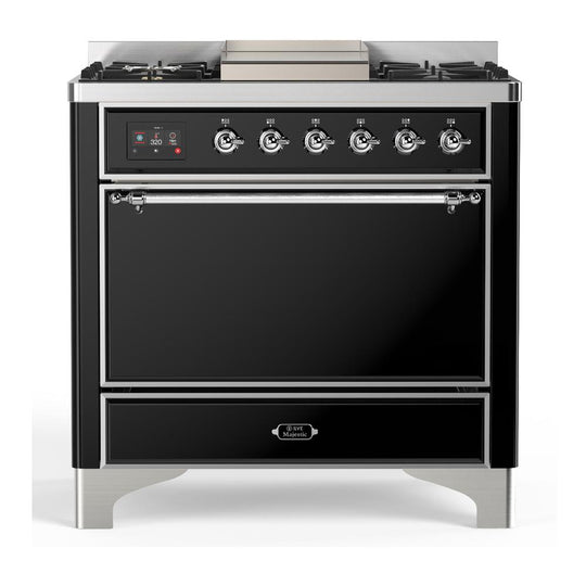 Ilve UM36FQNR3BKCLP Ilve Um36Fqnr3Bkclp Majestic Iii 36 Inch Dual Fuel Range With 6 Black Brass Burners And Griddle, Dual Function Burner Up To 25,000 Btu (Solid Door, Glossy Black, Chrome, Liquid Propane)