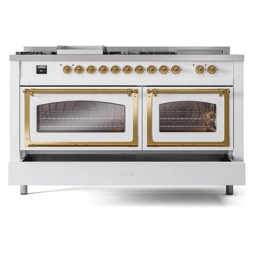 Ilve UN60FSNMPWHGLP Ilve Un60Fsnmpwhglp Nostalgie Ii Noblesse 60" Dual Fuel Range (7 Sealed Burners + Griddle + French Top, Liquid Propane, Triple Glass Door, White, Brass)
