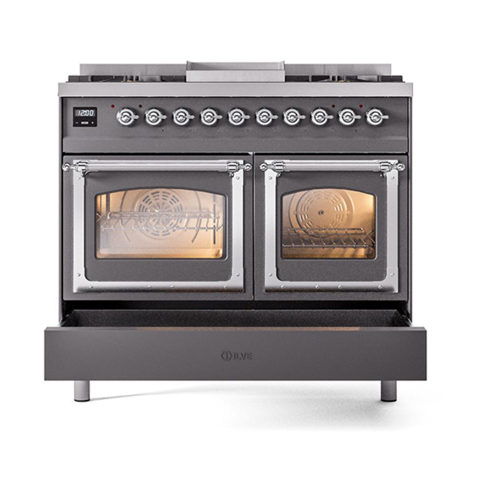 Ilve UND40FNMPMGC Ilve Und40Fnmpmgc Nostalgie Ii Noblesse 40" Dual Fuel Range (Natural Gas, Triple Glass Door, Graphite Matte, Chrome)