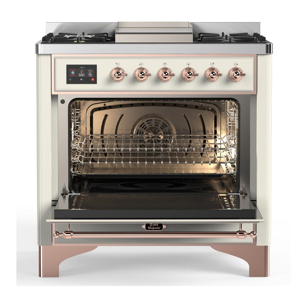 Ilve UM36FQNR3AWPLP Ilve Um36Fqnr3Awplp Majestic Iii 36 Inch Dual Fuel Range With 6 Black Brass Burners And Griddle, Dual Function Burner Up To 25,000 Btu (Solid Door, Antique White, Copper, Liquid Propane)