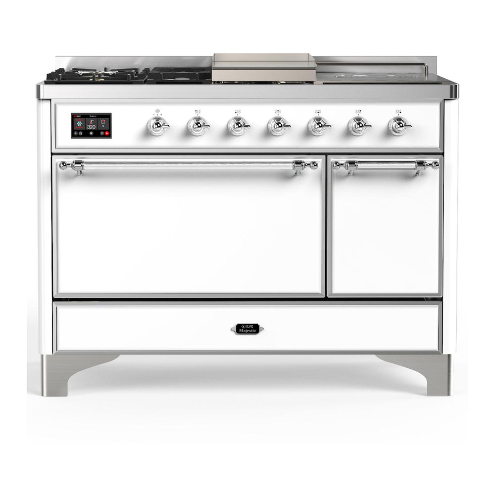 Ilve UM48FSQNR3WHCLP Ilve Um48Fsqnr3Whclp Majestic Iii 48 Inch Dual Fuel Range With 5 Black Brass Burners, Griddle And French Top, Dual Function Burner Up To 25,000 Btu (Liquid Propane, Solid Door, White, Chrome)