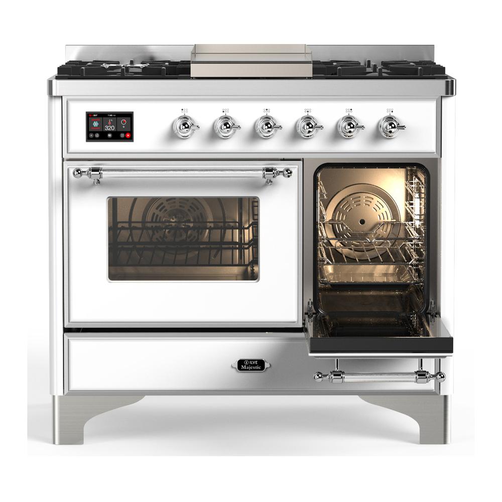 Ilve UMD40FNR3WHCLP Ilve Umd40Fnr3Whclp Majestic Iii 40 Inch Dual Fuel Range With 6 Burners And Griddle, Dual Function Burner Up To 25,000 Btu (Liquid Propane, Triple Glass Door, White, Chrome)