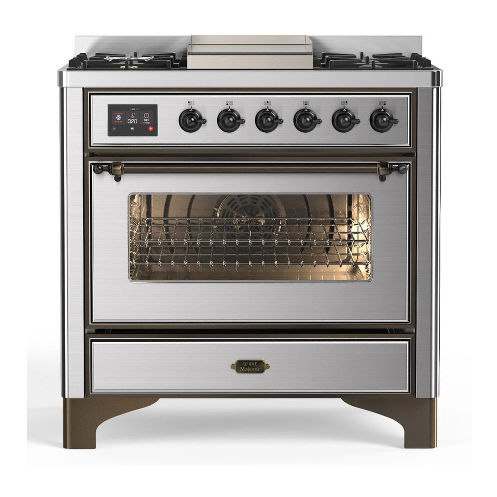 Ilve UM36FNR3SSBLP Ilve Um36Fnr3Ssblp Majestic Iii 36 Inch Dual Fuel Range With 6 Black Brass Burners And Griddle, Dual Function Burner Up To 25,000 Btu (Triple Glass Door, Stainless Steel, Burnished, Liquid Propane)