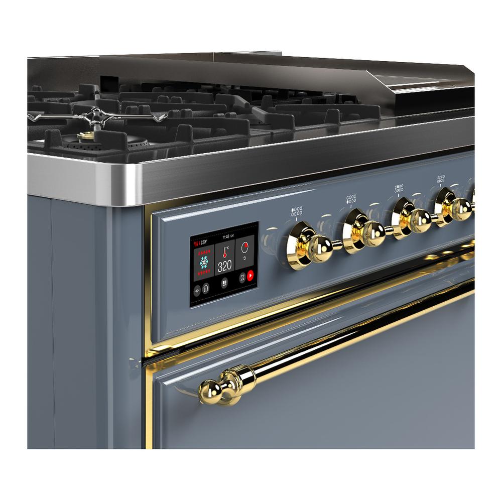 Ilve UM48FQNR3BGG Ilve Um48Fqnr3Bgg Majestic Iii 48 Inch Dual Fuel Range With 8 Burners And Griddle, Dual Function Burner Up To 25,000 Btu (Natural Gas, Solid Door, Blue Grey, Brass)