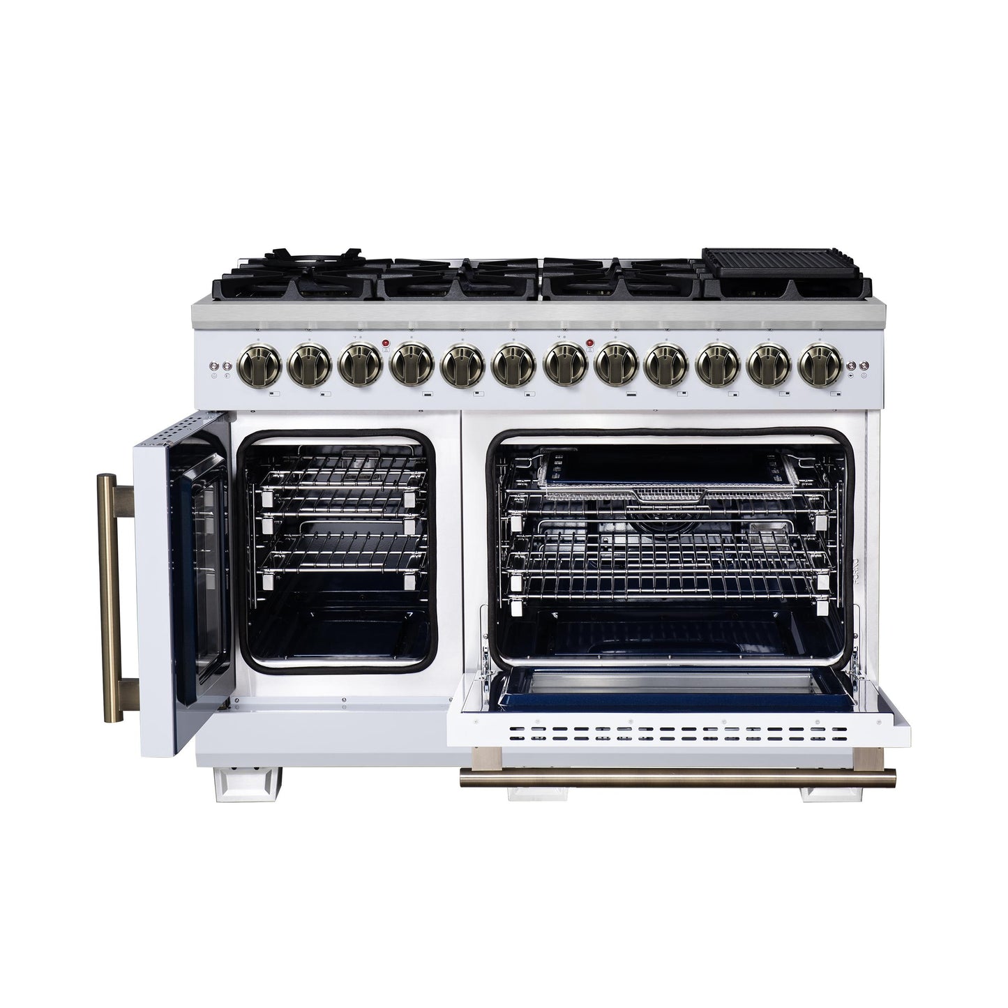 Forno FFSGS638748WHT Forno Capriasca 48 Inch Freestanding French Door Dual Fuel Range In White With Antique Brass Accessories, 8 Burners, True Convection Oven