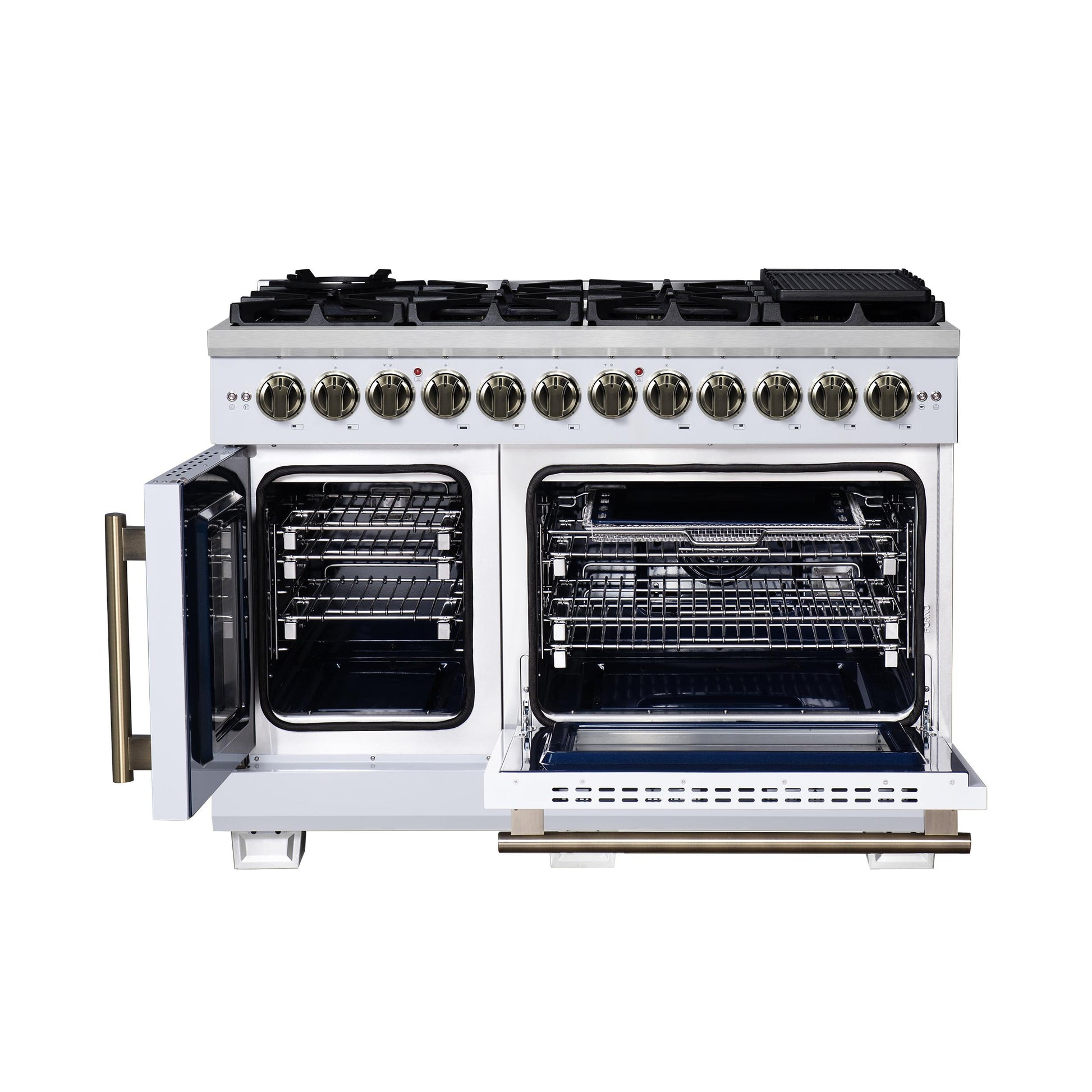 Forno FFSGS638748WHT Forno Capriasca 48 Inch Freestanding French Door Dual Fuel Range In White With Antique Brass Accessories, 8 Burners, True Convection Oven
