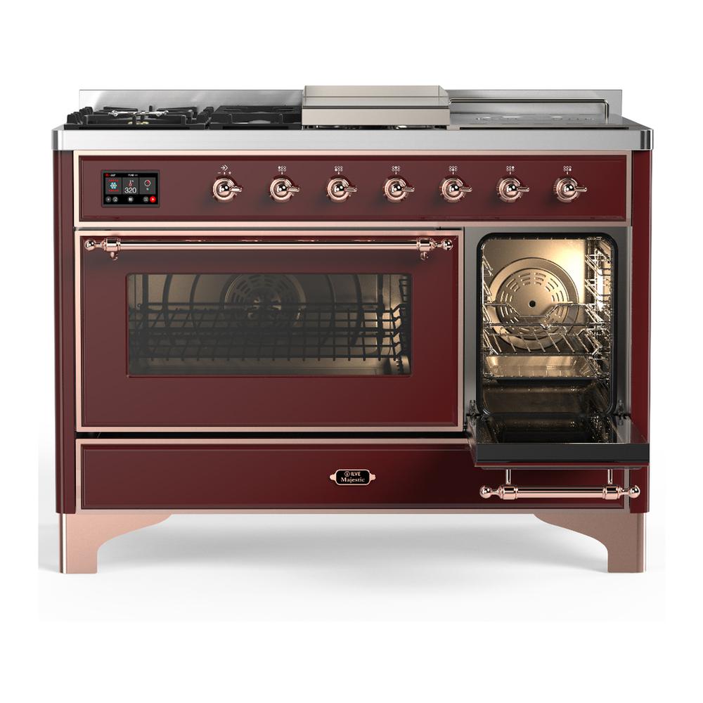 Ilve UM48FSNR3BUP Ilve Um48Fsnr3Bup Majestic Iii 48 Inch Dual Fuel Range With 5 Black Brass Burners, Griddle And French Top, Dual Function Burner Up To 25,000 Btu (Natural Gas, Triple Glass Door, Burgundy, Copper)