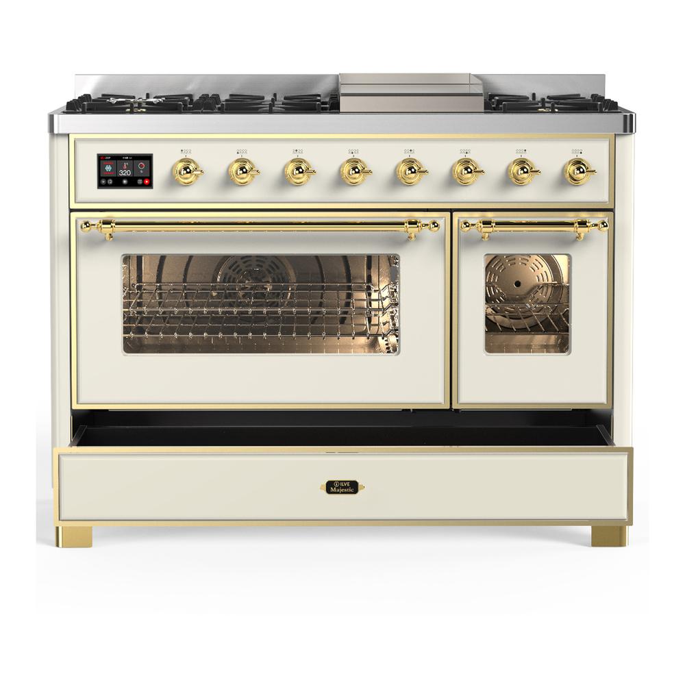 Ilve UM48FNR3AWG Ilve Um48Fnr3Awg Majestic Iii 48 Inch Dual Fuel Range With 8 Burners And Griddle, Dual Function Burner Up To 25,000 Btu (Natural Gas, Triple Glass Door, Antique White, Brass)