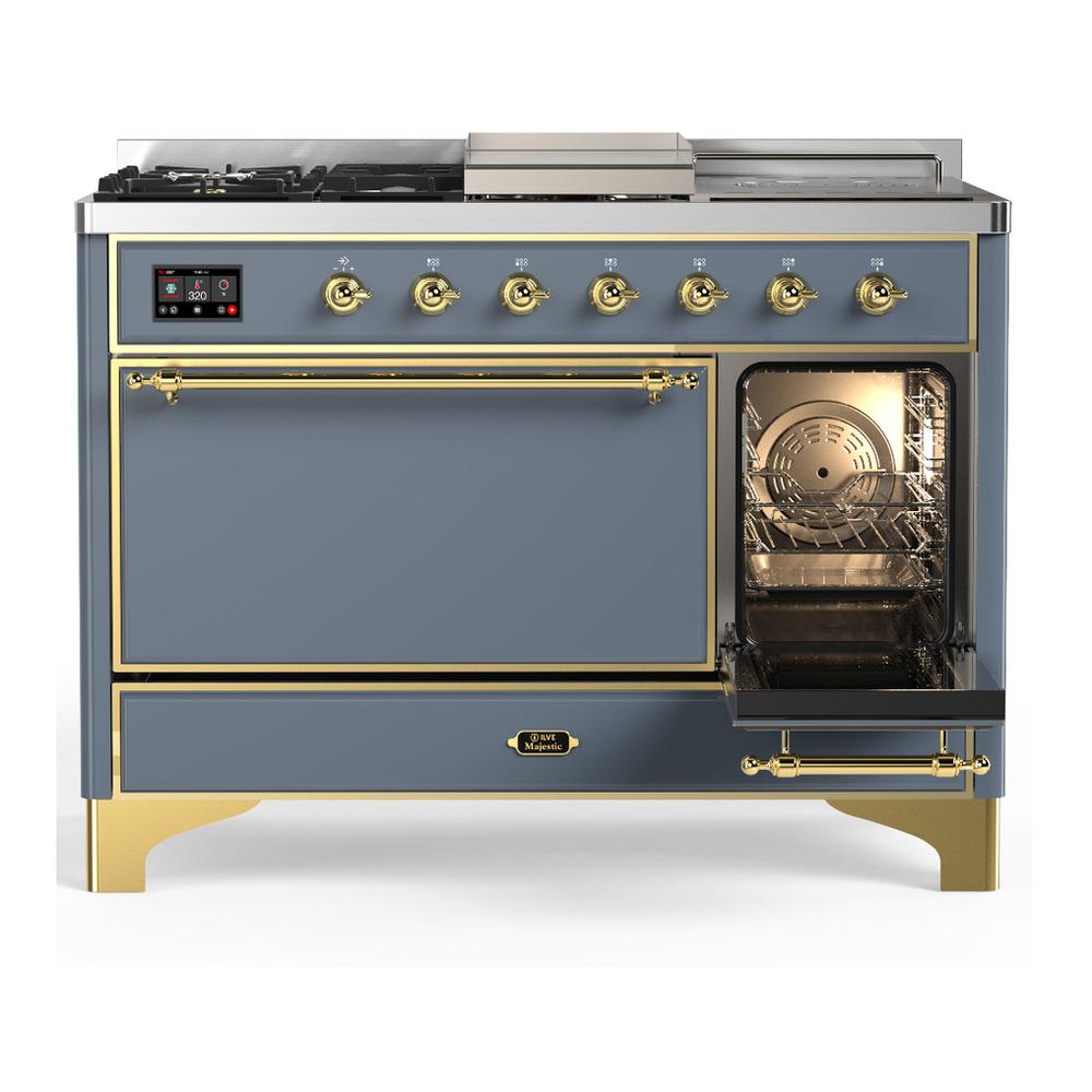 Ilve UM48FSQNR3BGGLP Ilve Um48Fsqnr3Bgglp Majestic Iii 48 Inch Dual Fuel Range With 5 Black Brass Burners, Griddle And French Top, Dual Function Burner Up To 25,000 Btu (Liquid Propane, Solid Door, Blue Grey, Brass)