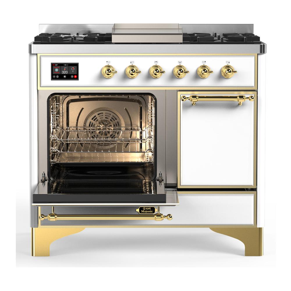 Ilve UMD40FQNR3WHG Ilve Umd40Fqnr3Whg Majestic Iii 40 Inch Dual Fuel Range With 6 Burners And Griddle, Dual Function Burner Up To 25,000 Btu (Natural Gas, Solid Door, White, Brass)