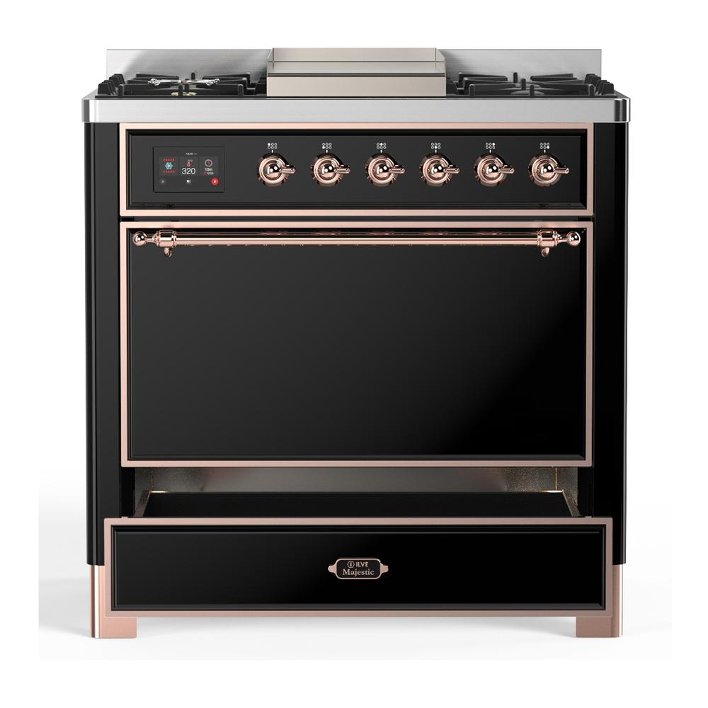 Ilve UM36FQNR3BKP Ilve Um36Fqnr3Bkp Majestic Iii 36 Inch Dual Fuel Range With 6 Black Brass Burners And Griddle, Dual Function Burner Up To 25,000 Btu (Solid Door, Glossy Black, Copper, Natural Gas)