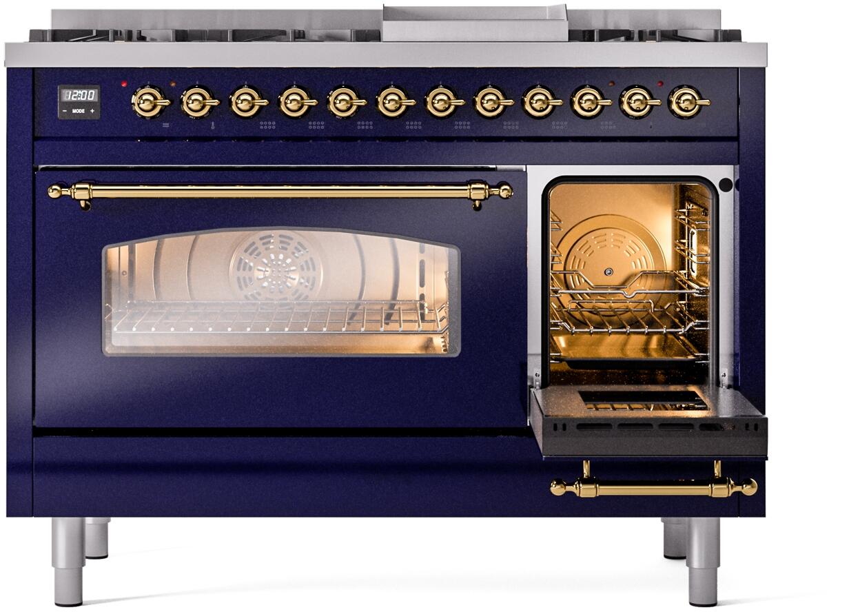 Ilve UP48FNMPMBG Nostalgie Ii 48 Inch Dual Fuel Natural Gas Freestanding Range In Blue With Brass Trim