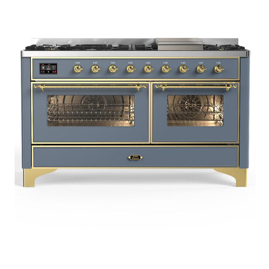 Ilve UM60FNR3BGG Ilve Um60Fnr3Bgg Majestic Iii 60 Inch Dual Fuel Range With 9 Burners And Griddle, Dual Function Burner Up To 25,000 Btu (Natural Gas, Triple Glass Door, Blue Grey, Brass)
