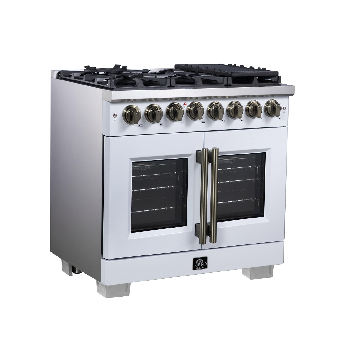 Forno FFSGS638736WHT Forno Capriasca 36 Inch Freestanding French Door Dual Fuel Range In White With Antique Brass Accessories, 6 Burners, True Convection Oven