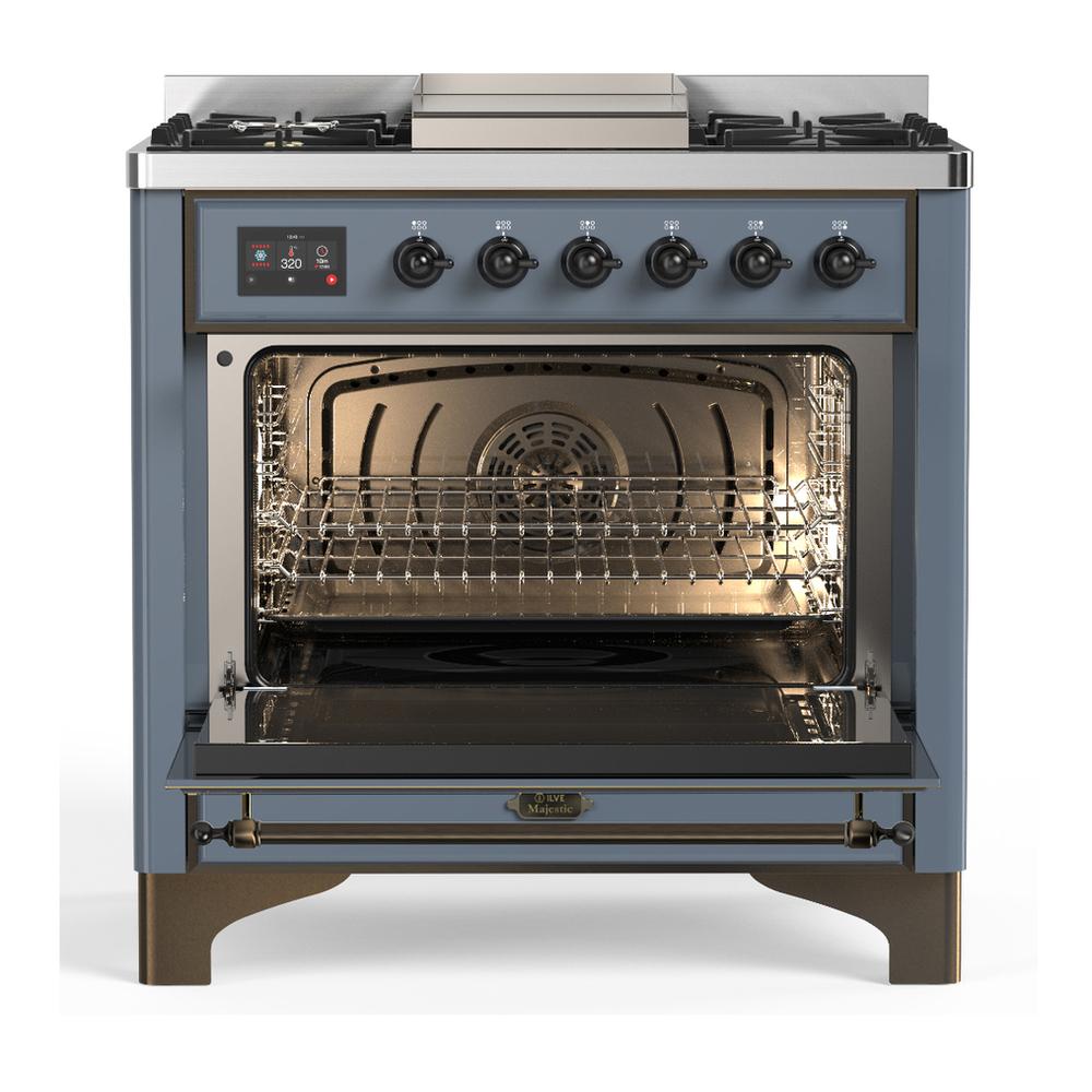 Ilve UM36FNR3BGBLP Ilve Um36Fnr3Bgblp Majestic Iii 36 Inch Dual Fuel Range With 6 Black Brass Burners And Griddle, Dual Function Burner Up To 25,000 Btu (Triple Glass Door, Blue Grey, Burnished, Liquid Propane)