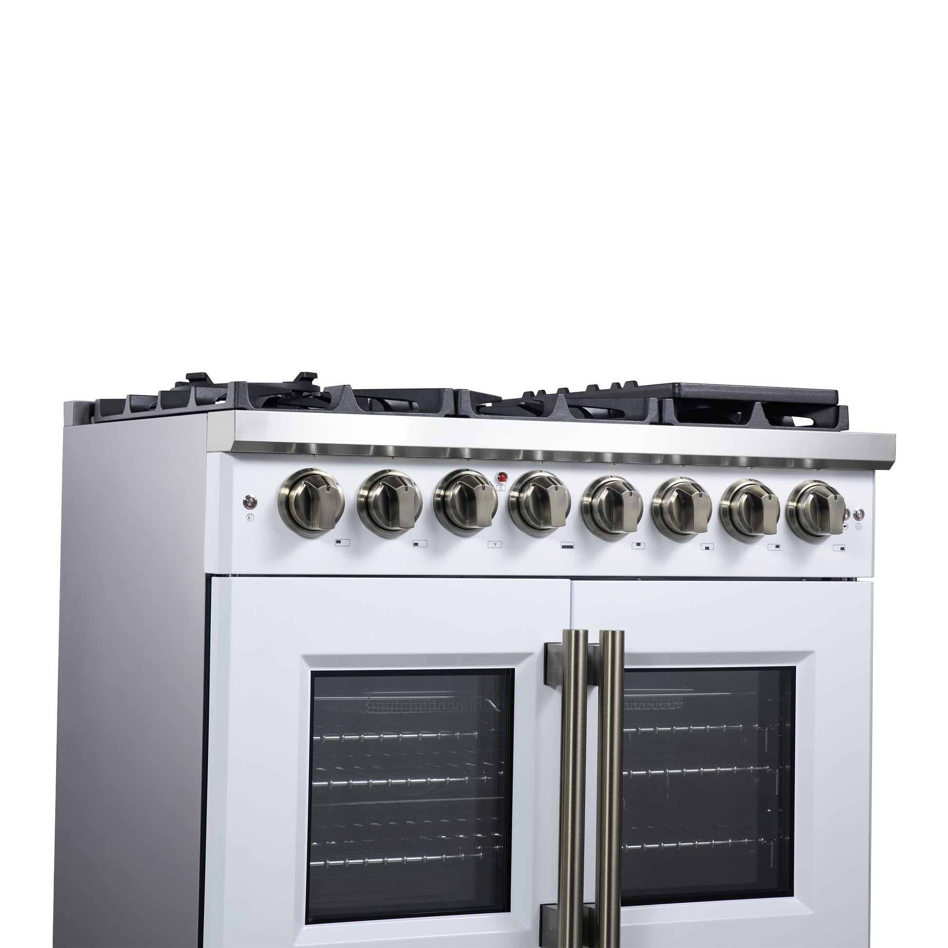 Forno FFSGS638736WHT Forno Capriasca 36 Inch Freestanding French Door Dual Fuel Range In White With Antique Brass Accessories, 6 Burners, True Convection Oven