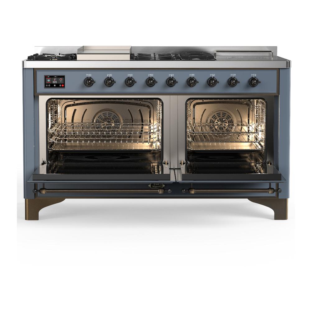 Ilve UM60FSQNR3BGB Ilve Um60Fsqnr3Bgb Majestic Iii 60 Inch Dual Fuel Range With 7 Burners, Griddle And French Top, Dual Function Burner With Up To 25,000 Btu (Natural Gas, Solid Door, Blue Grey, Burnished)