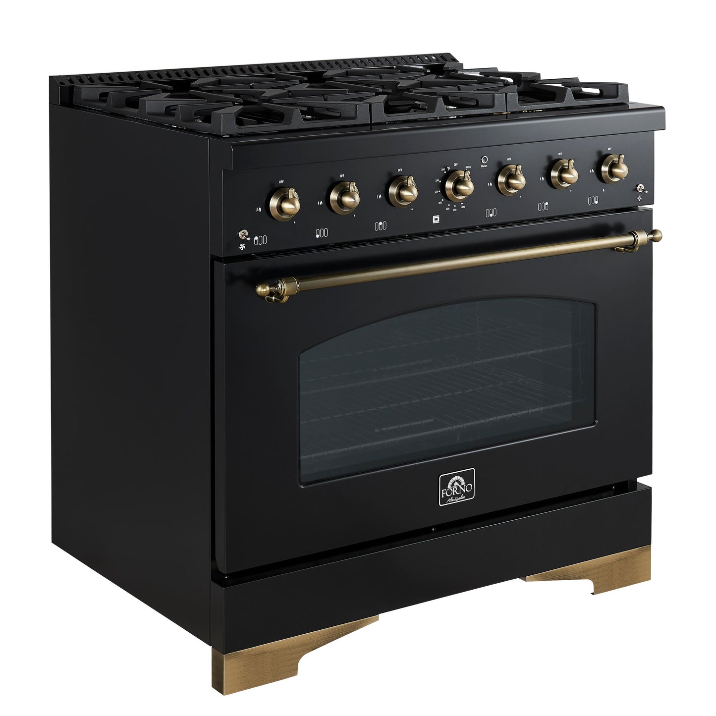 Forno FFSGS611336BLK Forno Antico 36-Inch Dual Fuel Range, Black And Antique Brass, 6 Burners, 4.5 Cu.Ft. Convection Oven