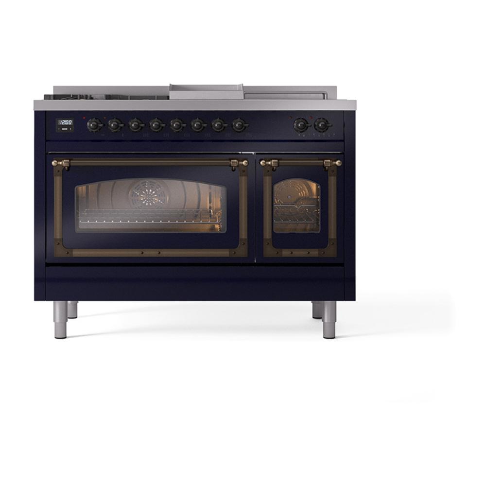 Ilve UN48FSNMPMBB Ilve Un48Fsnmpmbb Nostalgie Ii Noblesse 48" Dual Fuel Range (5 Sealed Burners + Griddle + French Top, Natural Gas, Triple Glass Door, Midnight Blue, Burnished)