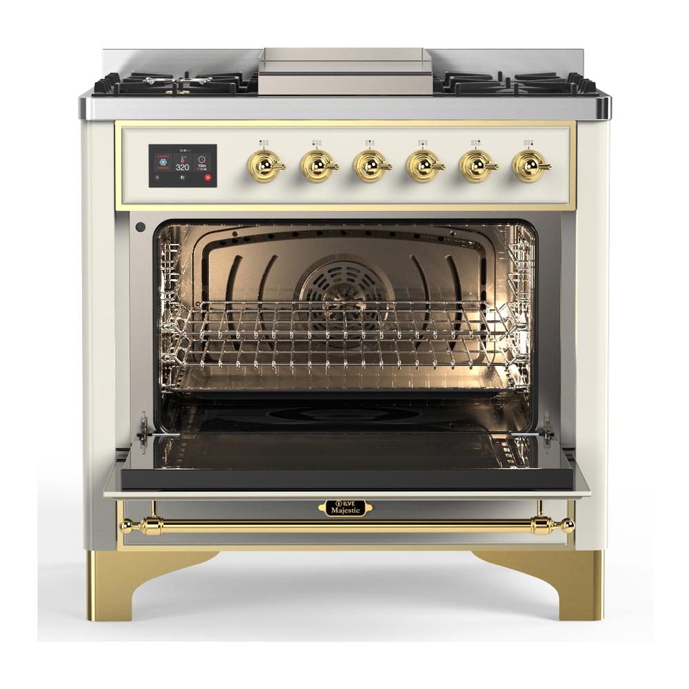 Ilve UM36FNR3AWG Ilve Um36Fnr3Awg Majestic Iii 36 Inch Dual Fuel Range With 6 Black Brass Burners And Griddle, Dual Function Burner Up To 25,000 Btu (Triple Glass Door, Antique White, Brass, Natural Gas)