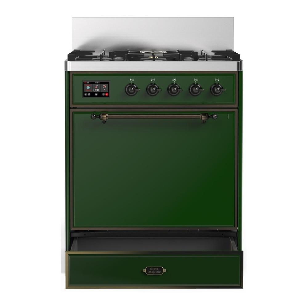 Ilve UM30QNR3EGBLP Ilve Um30Qnr3Egblp Majestic Iii 30 Inch Dual Fuel Range With 5 Black Brass Burners, Dual Function Burner Up To 25,000 Btu (Liquid Propane, Solid Door, Emerald Green, Burnished)