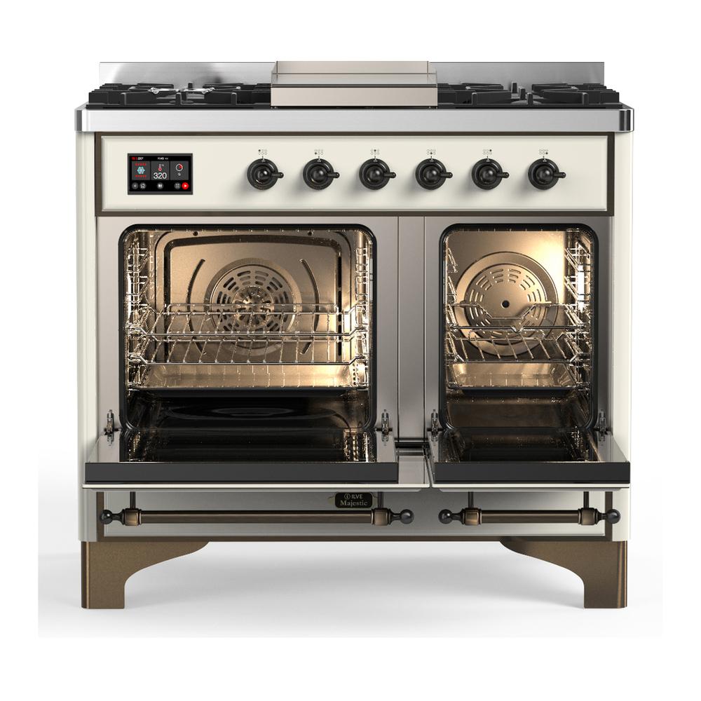 Ilve UMD40FNR3AWB Ilve Umd40Fnr3Awb Majestic Iii 40 Inch Dual Fuel Range With 6 Burners And Griddle, Dual Function Burner Up To 25,000 Btu (Natural Gas, Triple Glass Door, Antique White, Burnished)