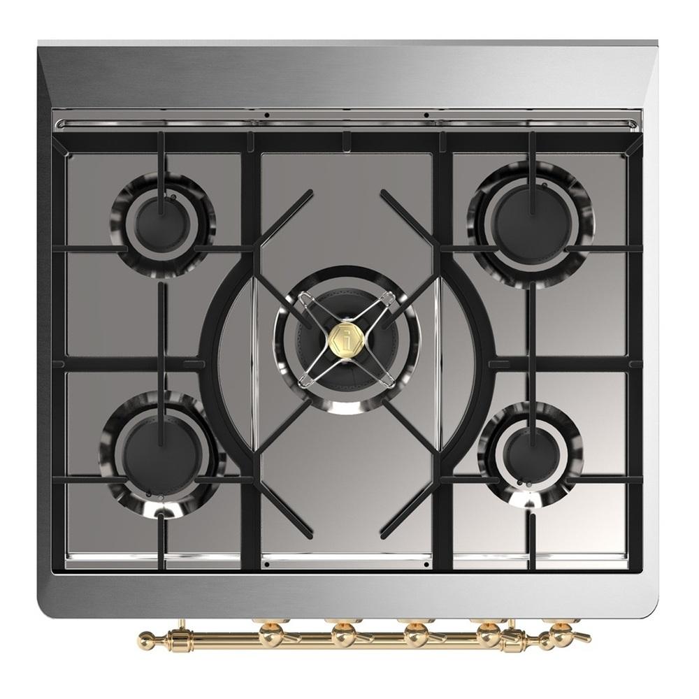 Ilve UM30QNR3BGGLP Ilve Um30Qnr3Bgglp Majestic Iii 30 Inch Dual Fuel Range With 5 Black Brass Burners, Dual Function Burner Up To 25,000 Btu (Liquid Propane, Solid Door, Blue Grey, Brass)