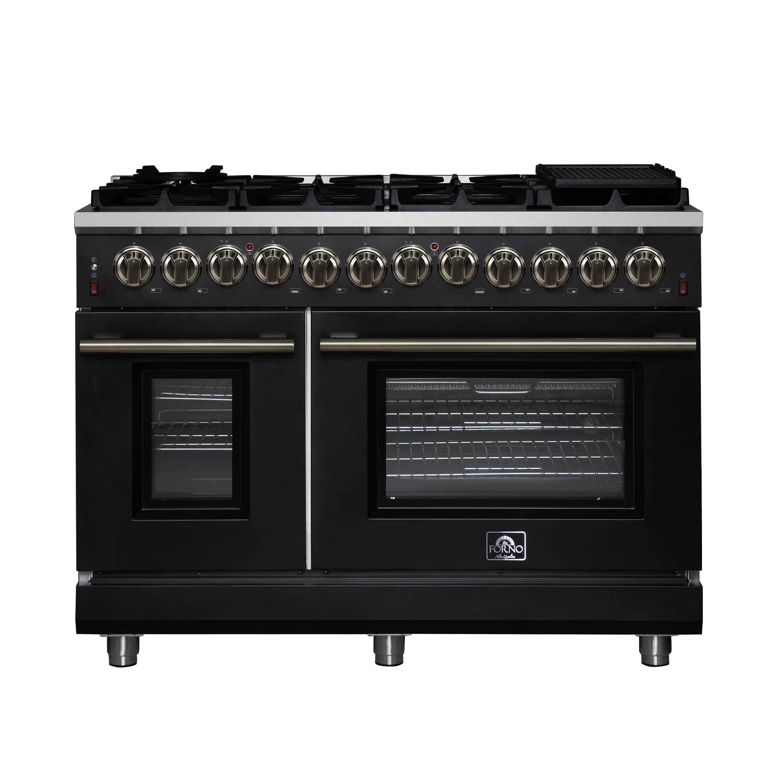 Forno FFSGS612548BLK Forno Massimo 48 Inch Freestanding Dual Fuel Range In Black With Antique Brass Accessories, 8 Burners, 6.58 Cu. Ft. Convection Oven