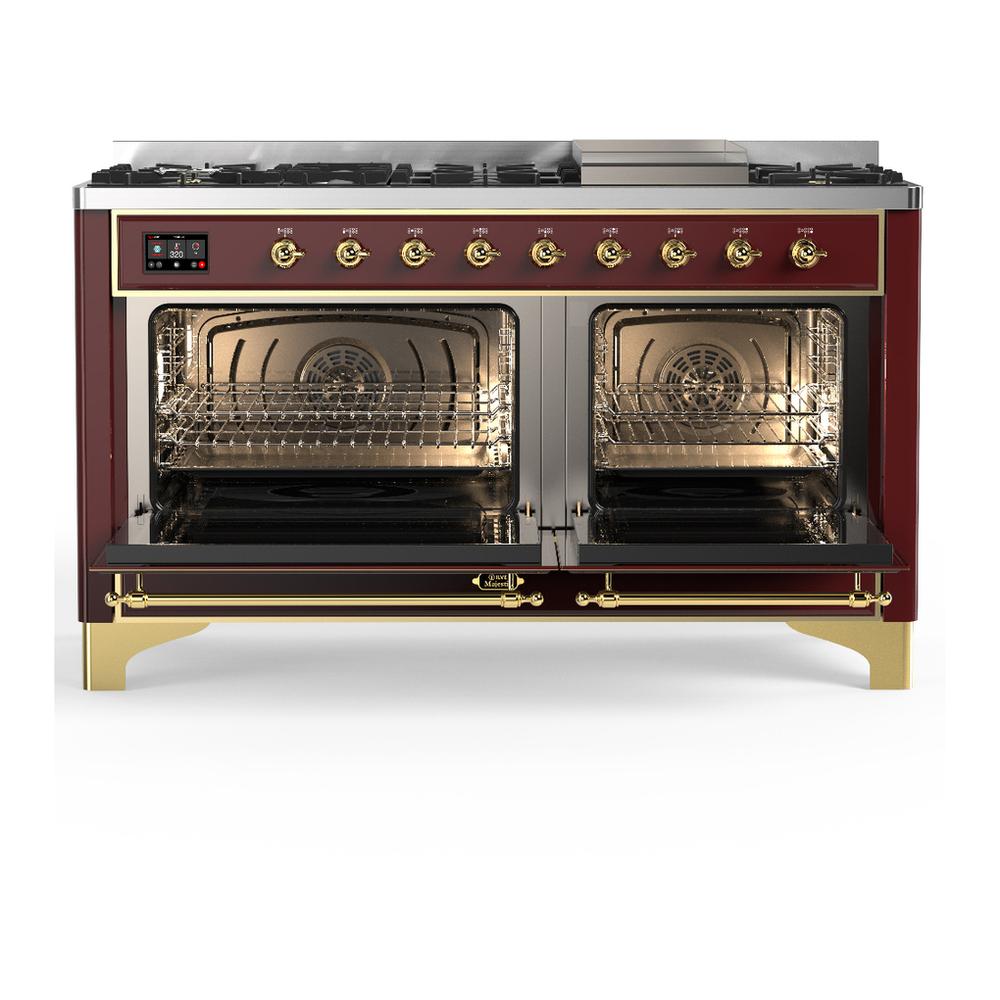 Ilve UM60FNR3BUG Ilve Um60Fnr3Bug Majestic Iii 60 Inch Dual Fuel Range With 9 Burners And Griddle, Dual Function Burner Up To 25,000 Btu (Natural Gas, Triple Glass Door, Burgundy, Brass)