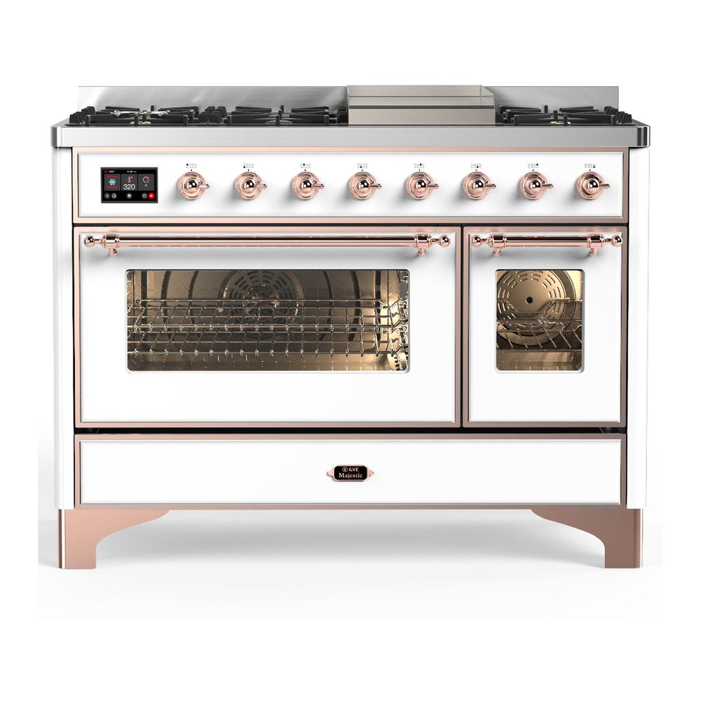 Ilve UM48FNR3WHP Ilve Um48Fnr3Whp Majestic Iii 48 Inch Dual Fuel Range With 8 Burners And Griddle, Dual Function Burner Up To 25,000 Btu (Natural Gas, Triple Glass Door, White, Copper)
