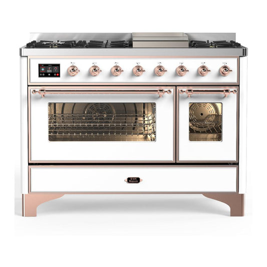 Ilve UM48FNR3WHP Ilve Um48Fnr3Whp Majestic Iii 48 Inch Dual Fuel Range With 8 Burners And Griddle, Dual Function Burner Up To 25,000 Btu (Natural Gas, Triple Glass Door, White, Copper)