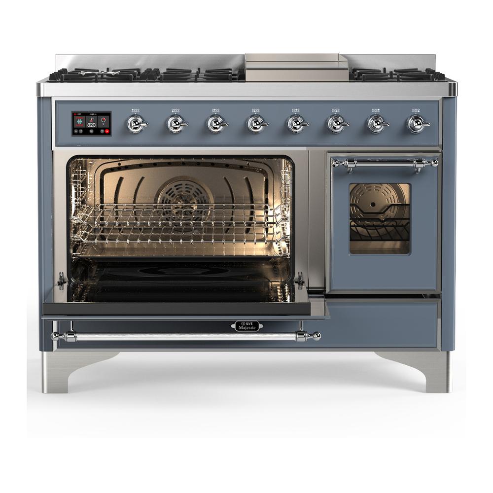 Ilve UM48FNR3BGCLP Ilve Um48Fnr3Bgclp Majestic Iii 48 Inch Dual Fuel Range With 8 Burners And Griddle, Dual Function Burner Up To 25,000 Btu (Liquid Propane, Triple Glass Door, Blue Grey, Chrome)