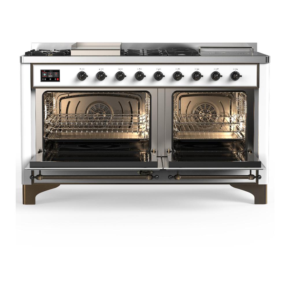 Ilve UM60FSNR3WHBLP Ilve Um60Fsnr3Whblp Majestic Iii 60 Inch Dual Fuel Range With 7 Burners, Griddle And French Top, Dual Function Burner With Up To 25,000 Btu (Liquid Propane, Triple Glass Door, White, Burnished)