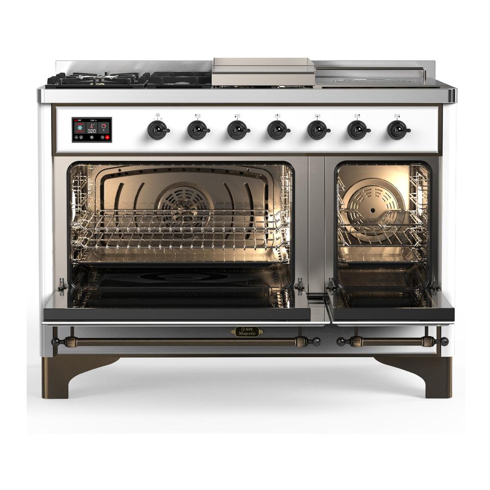 Ilve UM48FSNR3WHBLP Ilve Um48Fsnr3Whblp Majestic Iii 48 Inch Dual Fuel Range With 5 Black Brass Burners, Griddle And French Top, Dual Function Burner Up To 25,000 Btu (Liquid Propane, Triple Glass Door, White, Burnished)